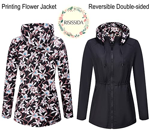 RISISSIDA Women Casual Reversible Lightweight Jacket with Hood Spring Fall,Transition Zipper Up Waterproof Raincoat Black S - Image 2