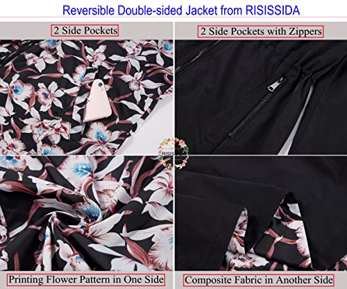 RISISSIDA Women Casual Reversible Lightweight Jacket with Hood Spring Fall,Transition Zipper Up Waterproof Raincoat Black S - Image 5