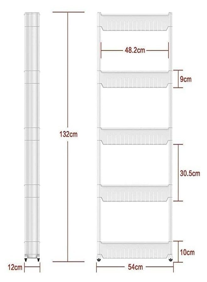 Birdwing NAVRANG 5 Layer White Multipurpose Plastic Storage Organizer Slim Rack Shelf with Wheels | Slim Slide Out Kitchen Trolley Rack Holder Storage Organizer for Kitchen (White- 5 Layer) - Image 3