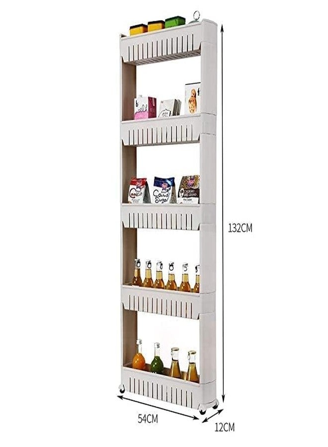 Birdwing NAVRANG 5 Layer White Multipurpose Plastic Storage Organizer Slim Rack Shelf with Wheels | Slim Slide Out Kitchen Trolley Rack Holder Storage Organizer for Kitchen (White- 5 Layer) - Image 4