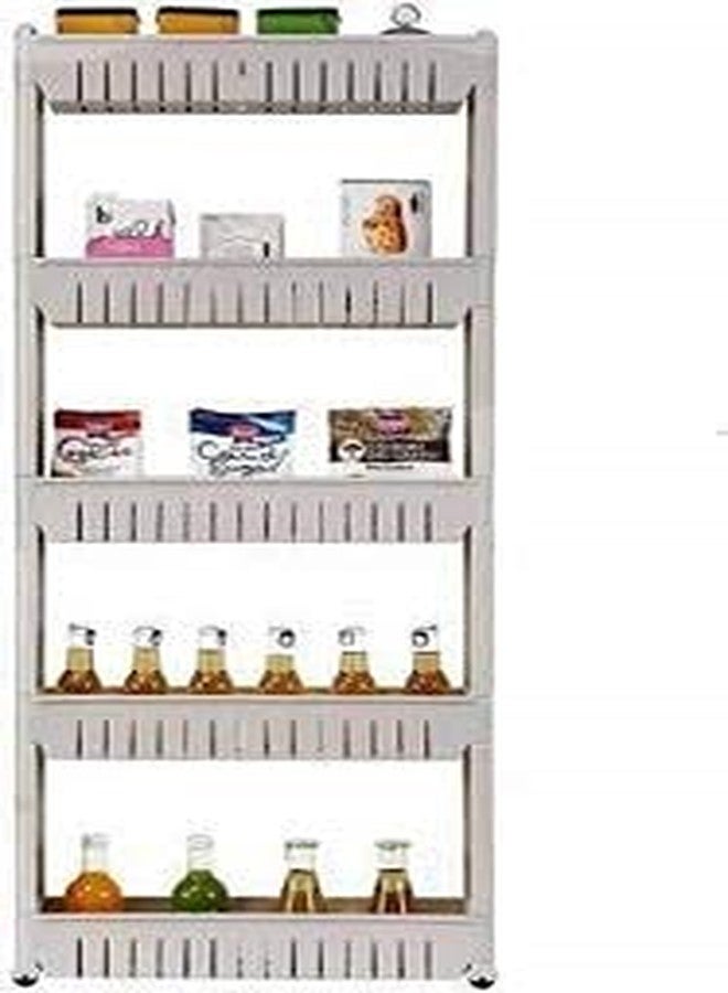 Birdwing NAVRANG 5 Layer White Multipurpose Plastic Storage Organizer Slim Rack Shelf with Wheels | Slim Slide Out Kitchen Trolley Rack Holder Storage Organizer for Kitchen (White- 5 Layer) - Image 1