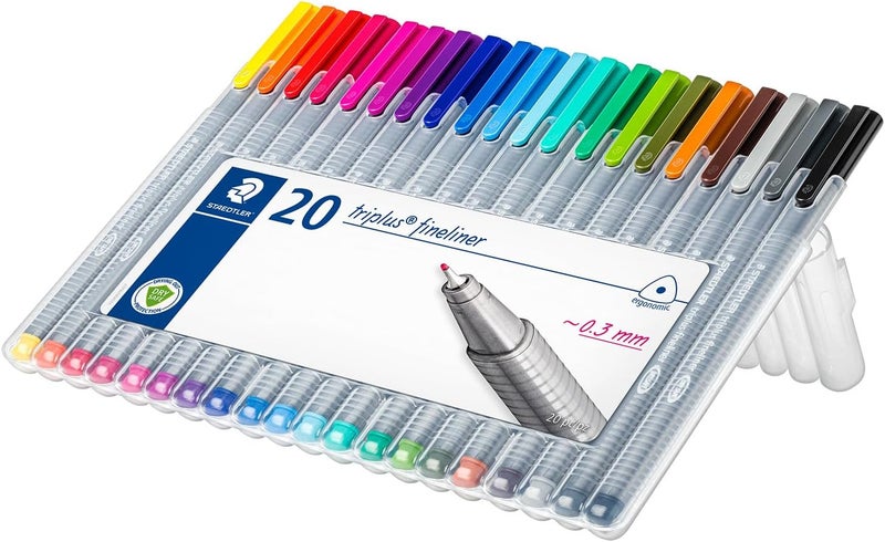 STAEDTLER Triplus Fineliner Set of 20, 0.3mm Fine Tip, Ergonomic Triangular Barrel for Writing, Drawing, and Coloring - Image 1