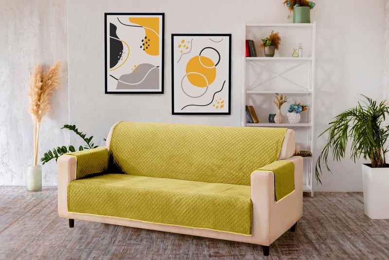 KINGLY Velvet Quilted Universal Elastic Sofa Cover Non-Slip Sofa Protector 5 Seater Armchair Cover with Machine Washable Adjustable Elastic Straps (3+1+1 Seater) (Yellow) - Image 2