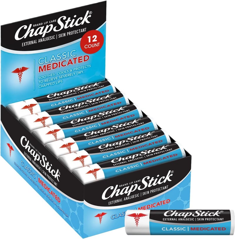 ChapStick Bulk Medicated Lip Balm 12Pack  External Analgesic Skin Protectant for Dry Lips  Cold Sore Pain Relief 015 Oz Ea