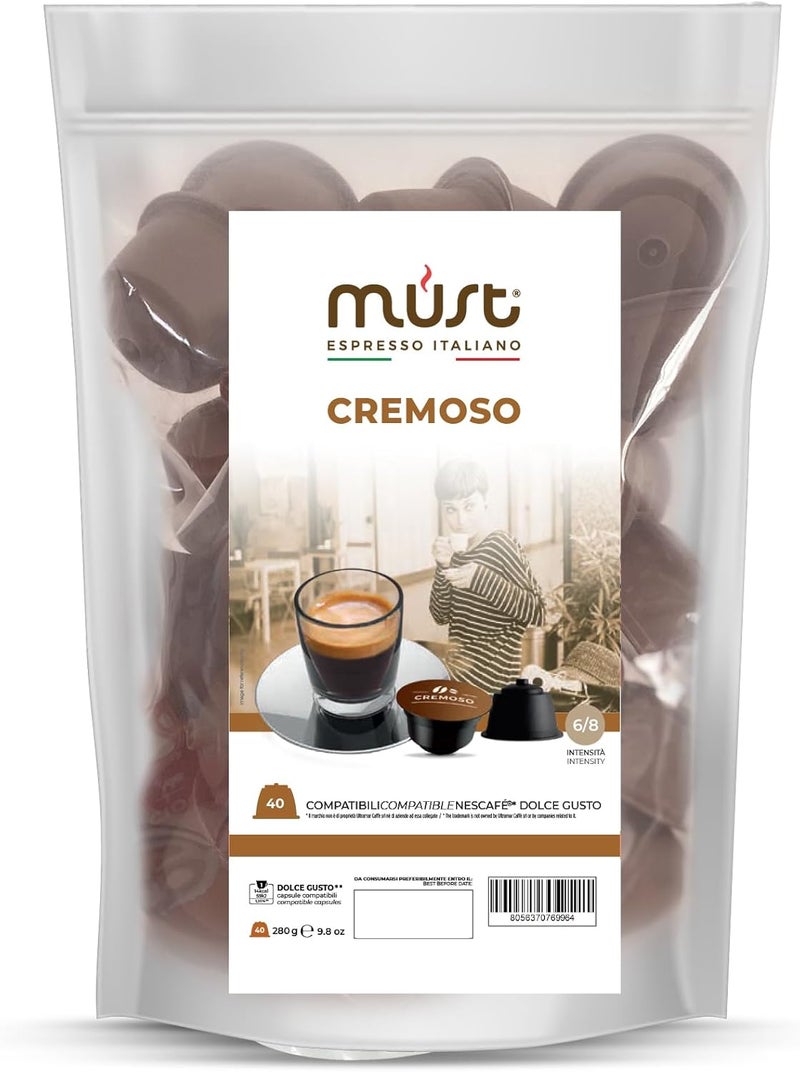 MUST 40 Capsules, Coffee Capsules Self Protected in 100% Recyclable Plastic, CREMOSO blend Pack of 40 Capsules Compatible with Dolce Gusto Machine, Made in Italy