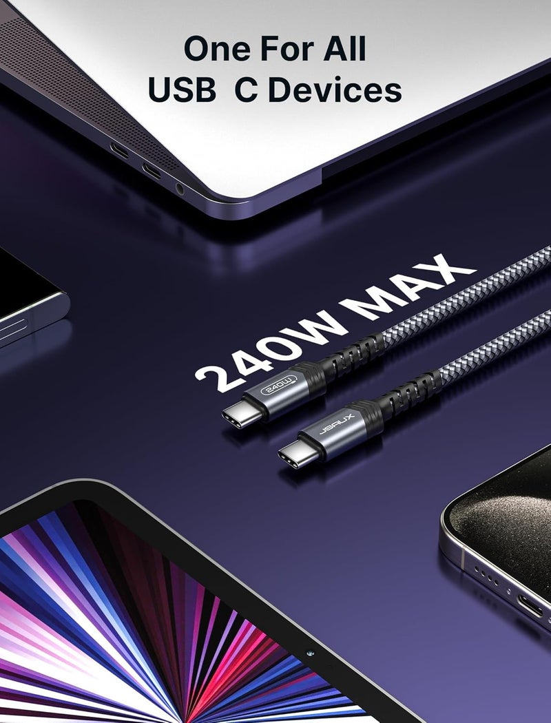 JSAUX 240 واط كابل USB C إلى USB C بطول 2 متر، كابل USB C Type C شحن سريع، متوافق مع MacBook Pro Air، iPad Air، Dell، iPhone 16/16 Pro Max، سلسلة iPhone 15، Galaxy S24/S22/S21، Pixel - رمادي - Image 2