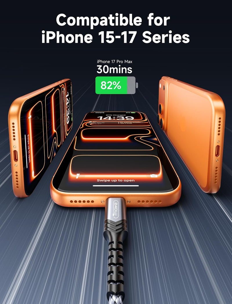 JSAUX 240 واط كابل USB C إلى USB C بطول 2 متر، كابل USB C Type C شحن سريع، متوافق مع MacBook Pro Air، iPad Air، Dell، iPhone 16/16 Pro Max، سلسلة iPhone 15، Galaxy S24/S22/S21، Pixel - رمادي - Image 3