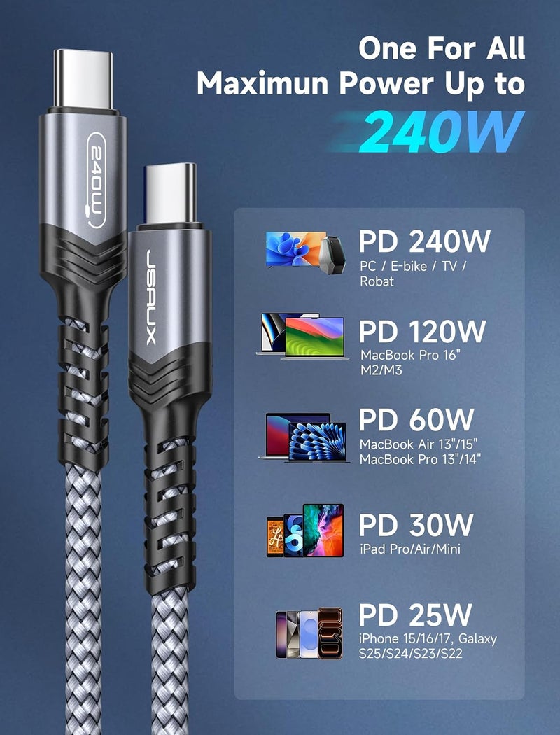 JSAUX 240 واط كابل USB C إلى USB C بطول 2 متر، كابل USB C Type C شحن سريع، متوافق مع MacBook Pro Air، iPad Air، Dell، iPhone 16/16 Pro Max، سلسلة iPhone 15، Galaxy S24/S22/S21، Pixel - رمادي - Image 5