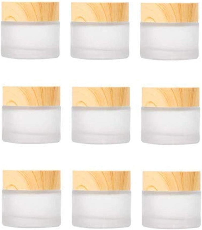 Healthcom 10 Pack 10 Grams/10 ML Empty Jars Round Frosted Glass Cosmetic Cream Jar Bottle with Wood Grain Lid Cosmetic Containers Refillable Glass Face Cream Box Pot for Makeup Lip Balms Eyeshadow 