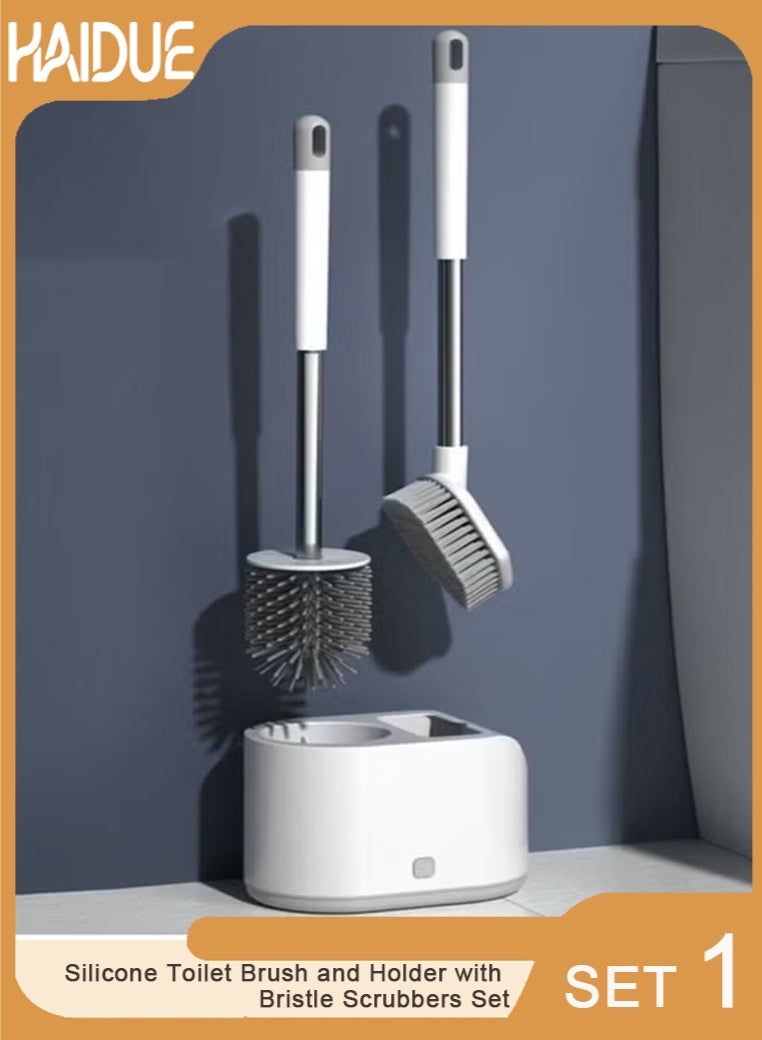 Silicone Toilet Brush and Holder with Bristle Scrubbers Set for Cleaning Bathroom Rust Free Non Slip Long Handled Toilet Brush