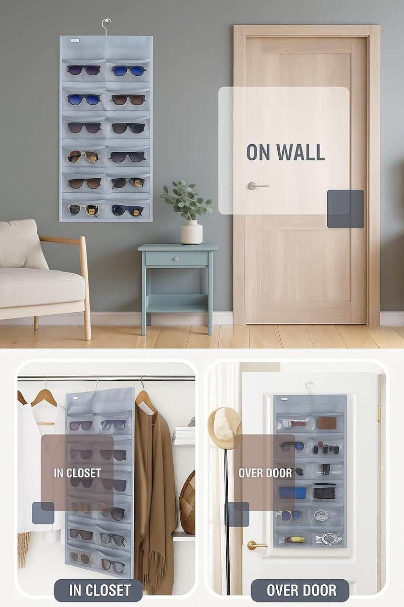 Blendmix Wall Mounted Sunglasses Organizer and Eyewear Storage Case – Hanging Dustproof Glasses Holder with 24 Transparent Pockets, Dual-Sided Design for Sunglasses, Eyeglasses and Travel Carry (Grey) - Image 5