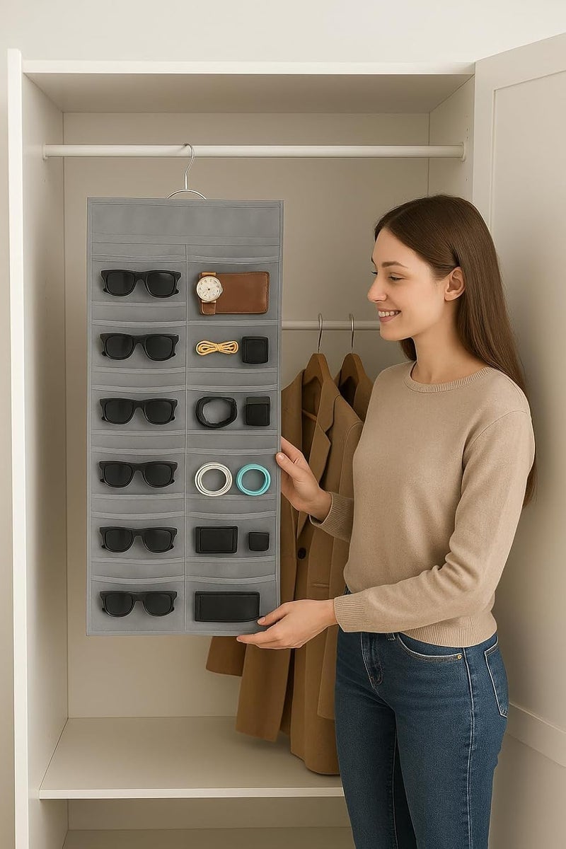 Blendmix Wall Mounted Sunglasses Organizer and Eyewear Storage Case – Hanging Dustproof Glasses Holder with 24 Transparent Pockets, Dual-Sided Design for Sunglasses, Eyeglasses and Travel Carry (Grey) - Image 1