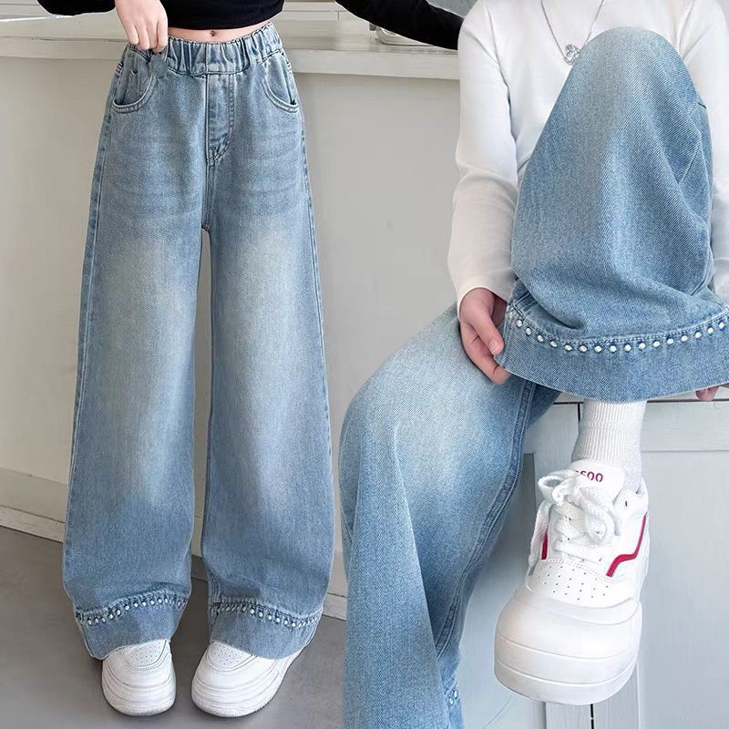 Girls' Jeans New Style Medium And Large Children'S Fashionable Versatile Casual Loose Girls' Straight Wide-Leg Pants - Image 3