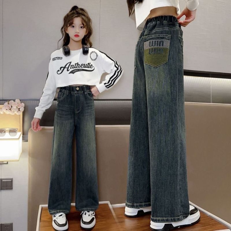 Girls' Jeans New Style Medium And Large Children'S Fashionable Versatile Casual Loose Girls' Straight Wide-Leg Pants - Image 1