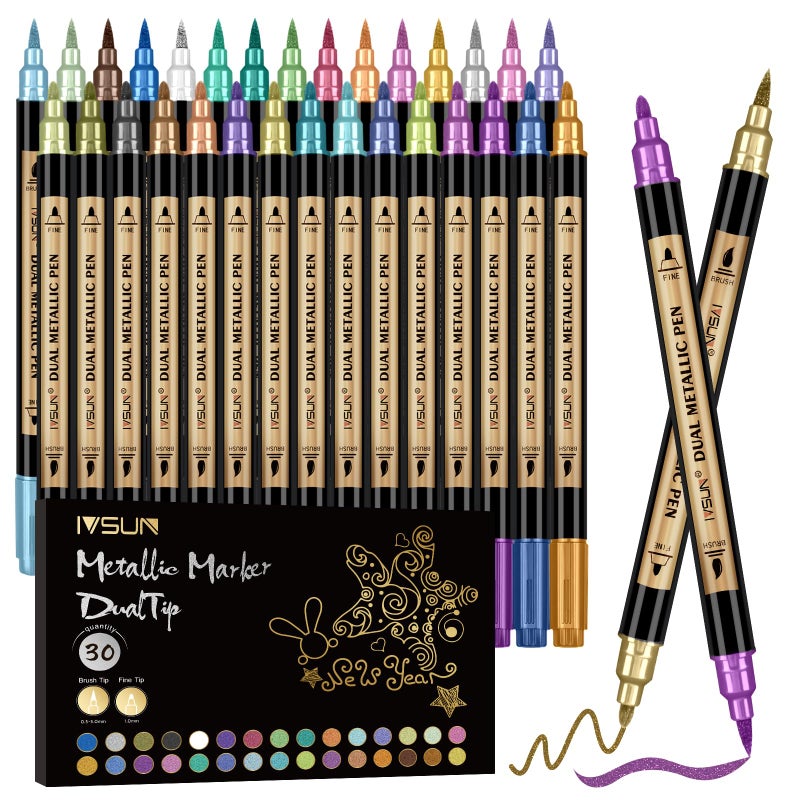 IVSUN Metallic Marker Pens, 30 Colors Dual Tip Acrylic Paint Pens for Black Paper, Scrapbooking, Photo Album, Rock Painting, Paint Marker for DIY Arts & Crafts, Glass, Wood, Card Making, Scrapbook Supplies - Image 1