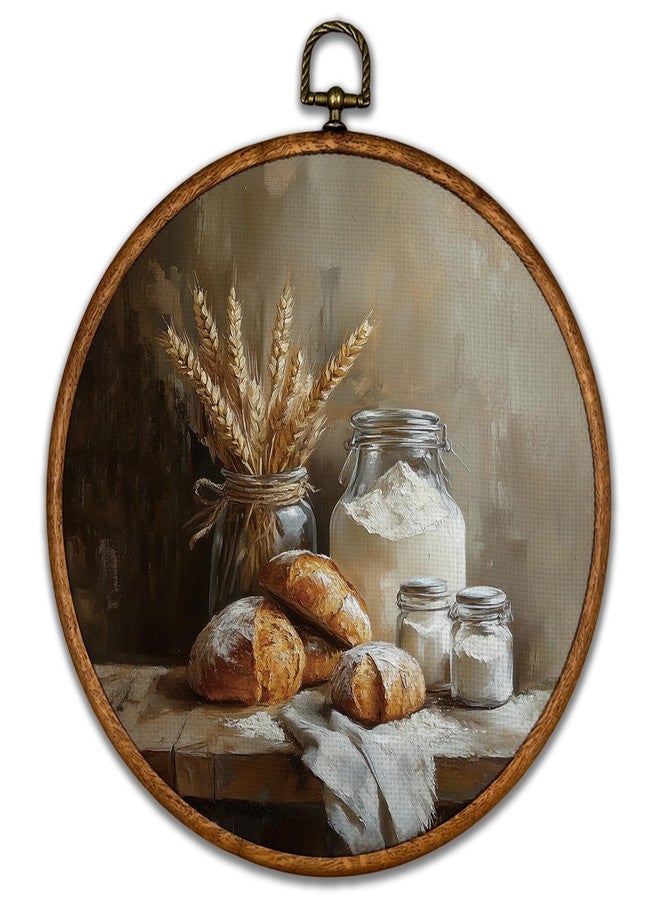 BCUANGD Vintage Sourdough Bread Round Wall Art Decor - Retro Still Life Food Wall Art Canvas Frame Artwork Prints, Rustic Country Bakery Round Wall Hanging Decorations for Home Kitchen, 10"x10" - Image 1