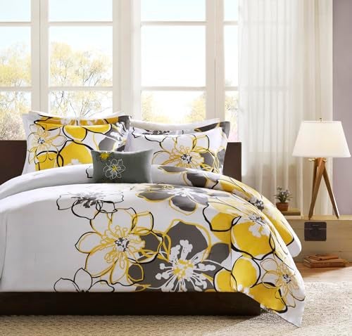 Intelligent Design Allison Comforter Set Fun Bedroom Dcor Modern All Season Floral Vibrant Color Cozy Bedding Layer Matching Sham Decorative Pillow TwinTwin XL YellowGrey 3 Piece