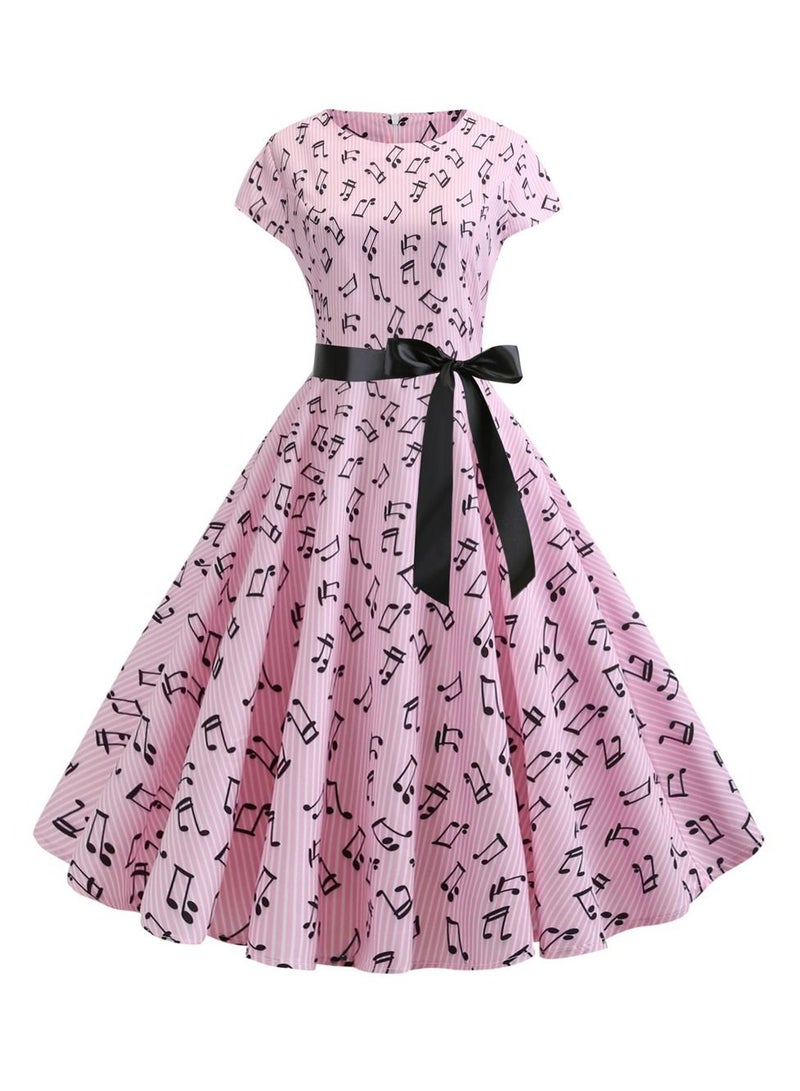 Loquat Round Neck Sleeve Wrapped Note Printed Black Ribbon Large wing Dress Retro Pink  - Image 1