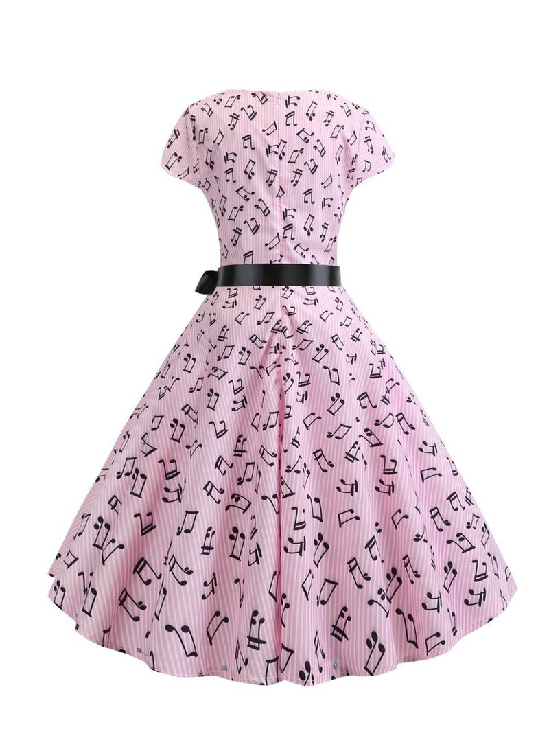 Loquat Round Neck Sleeve Wrapped Note Printed Black Ribbon Large wing Dress Retro Pink  - Image 3