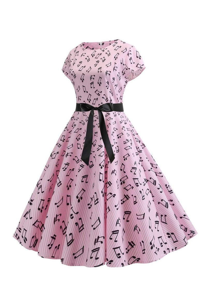 Loquat Round Neck Sleeve Wrapped Note Printed Black Ribbon Large wing Dress Retro Pink  - Image 2