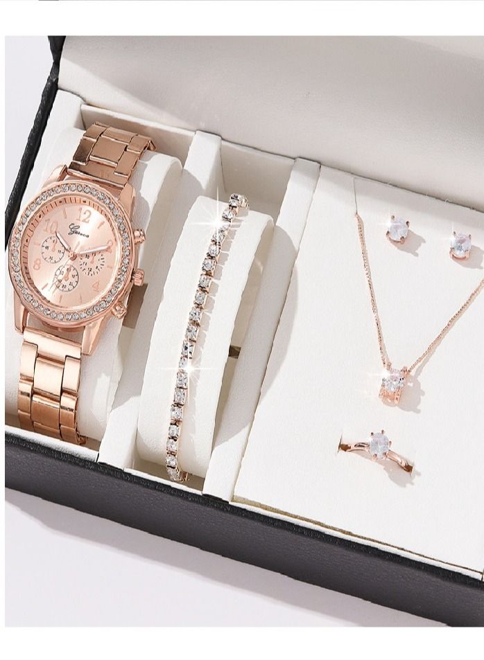 Geneva Shining Ladies Watches Gifts Set with Diamond Decorated Bracelet Necklace Ring Earrings Luxury Fashion Quartz Wrist Womens Watch 5Pcs Set
