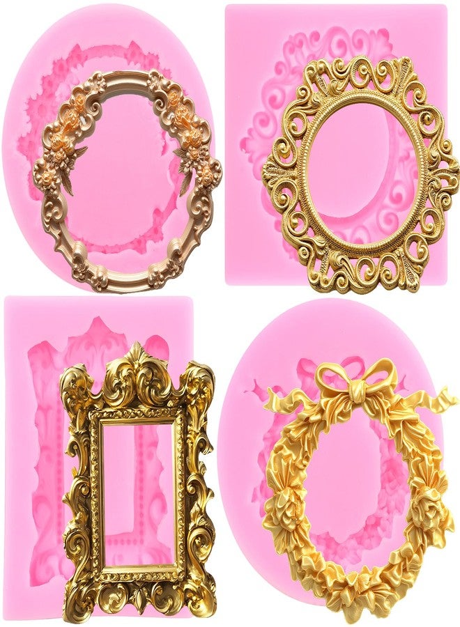 Mujiang Photo Frame Fondant Molds Vintage Frame Molds Picture Frame Silicone Mold Wreath Chocolate Molds For Cake Decorating Candy Polymer Clay Gum paste Set Of 4 - Image 1