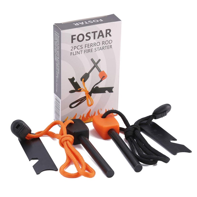 FOSTAR Ferrocerium Alloy Rod Fire Starter, 5/16 Inch Thick Waterproof Fire Steel, Bushcraft Ferro Rod with Easy Grip Handle, Multi-Tool Striker and Paracord Lanyard (2PCS, Black and Orange) - Image 1