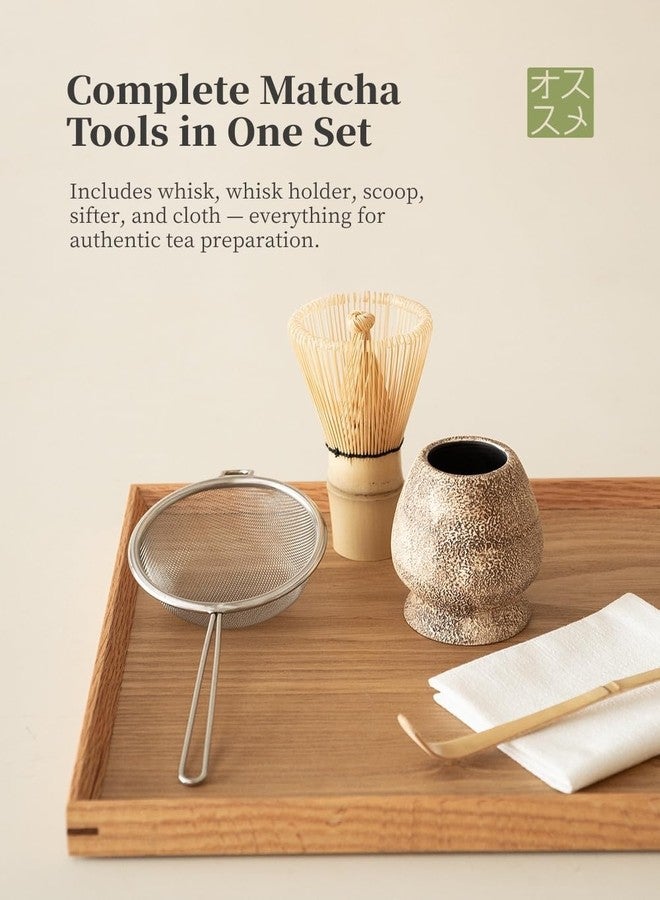 WUSEI 6-pcs Japanese Matcha Whisk Set, Handmade Ceramic Matcha Set with Bowl(Chawan),Bamboo Whisk(Chasen) and Holder, Scoop, Sifter & Tea Towel,Matcha Kit for Ceremony (Stone Vein) (Stone Vein) - Image 5