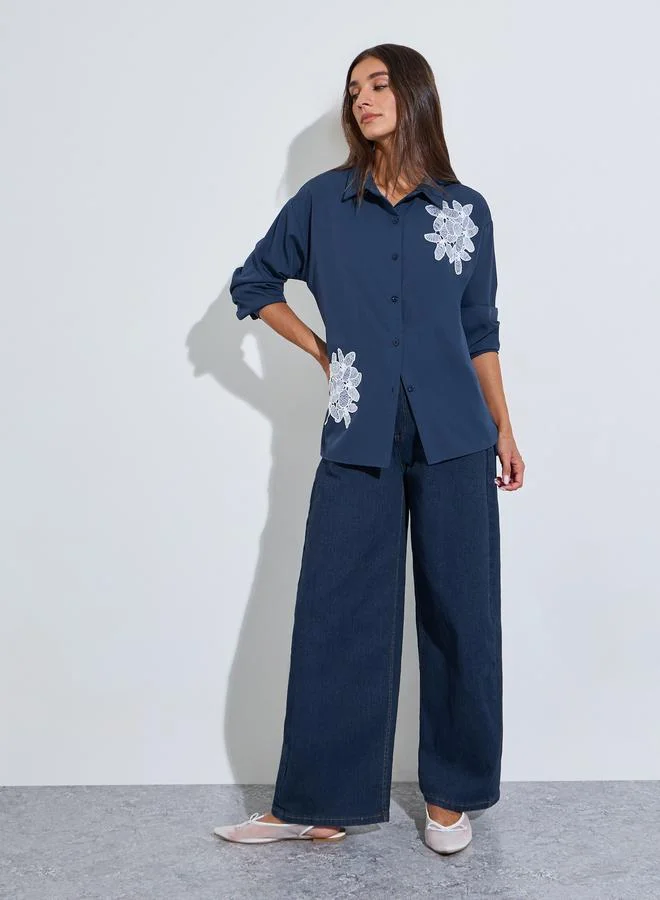 Styli Blue Embroidered Long Sleeves Shirt