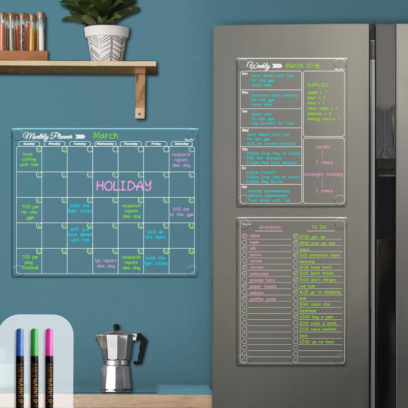 Clever Clean Clear Non-Magnetic Calendar Set for Fridge - Dry Erase Transparent Monthly, Weekly Calendar and List Board - Sticks to Wall, Glass, Door, Any Smooth Surfaces - Image 1