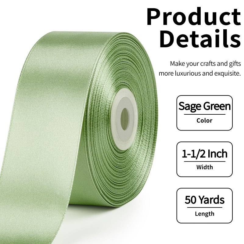 Mauproy 1-1/2 Inch Wide Sage Green Satin Ribbon, 50 Yards Solid Polyester Fabric Ribbon for Roses Making, Gift Wrapping, Valentine's Day, Wedding Decorations, Crafts, Bows - Image 2
