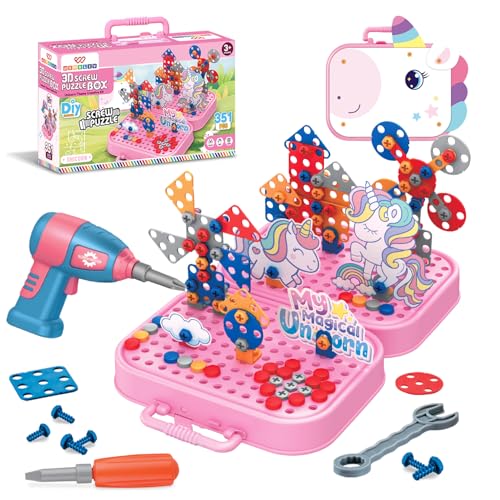 Wembley Electric Drill Screw Puzzle Toy Set| 2-in-1 2D & 3D Unicorn Tool Set| 351 Pieces with Electric Screwdriver| STEM Learning DIY Building Block Kit| Ideal Gift for Kids of 2+ - Image 1