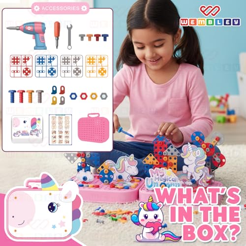 Wembley Electric Drill Screw Puzzle Toy Set| 2-in-1 2D & 3D Unicorn Tool Set| 351 Pieces with Electric Screwdriver| STEM Learning DIY Building Block Kit| Ideal Gift for Kids of 2+ - Image 2