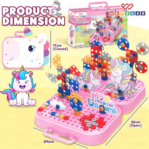 Wembley Electric Drill Screw Puzzle Toy Set| 2-in-1 2D & 3D Unicorn Tool Set| 351 Pieces with Electric Screwdriver| STEM Learning DIY Building Block Kit| Ideal Gift for Kids of 2+ - Image 3