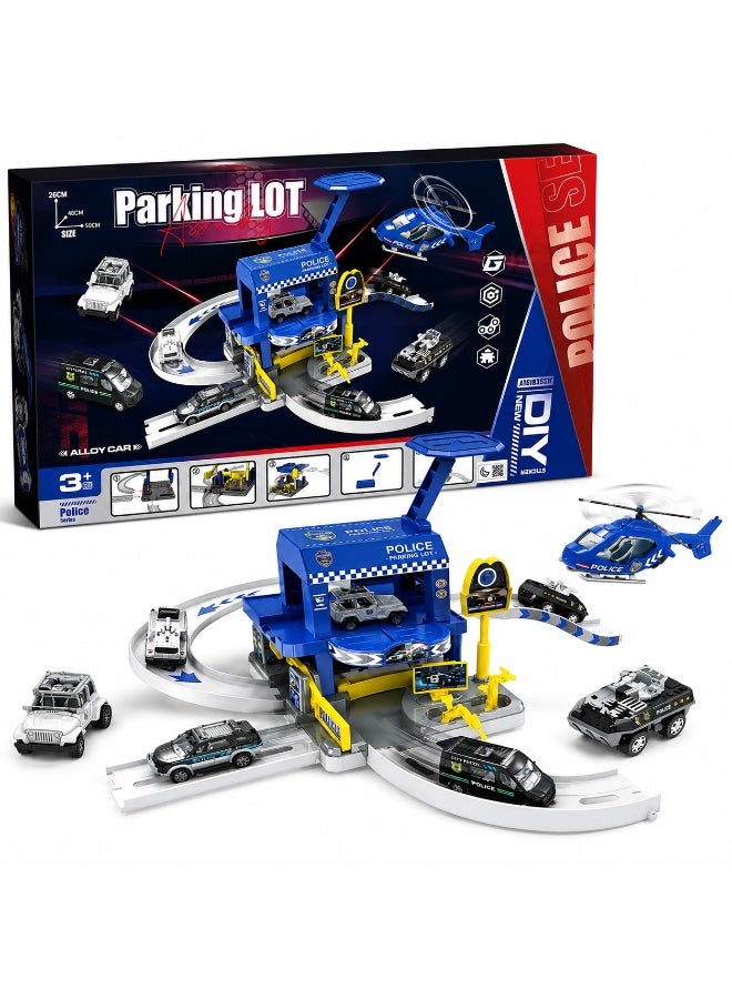 DIY Police Station Parking Lot Playset – Multi-Level Toy Garage Track with Die-Cast Alloy Cars and Helicopter – Action Rescue Vehicle Track Set for Kids, Ages 3+