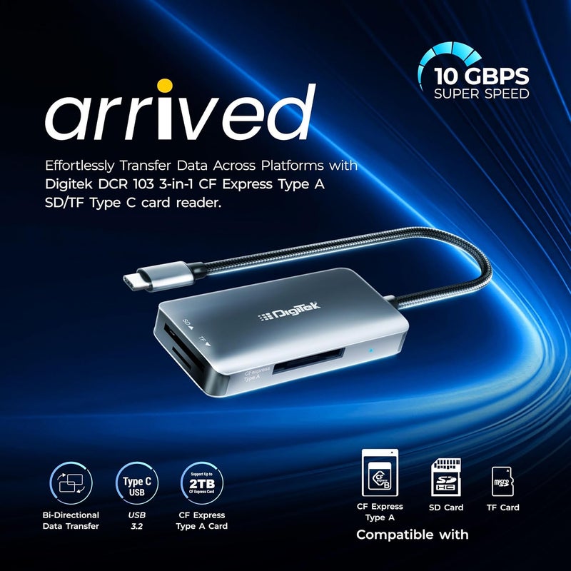 Digitek ® DCR-103 CFA 3 في 1 قارئ بطاقات CF Express نوع A/SD و TF نوع C USB 3.2، يدعم SD/SDHC/SDXC/UHS-I/RS-MMC، يدعم Mac OS و iPad OS و Windows و Android و Linux و Harmony، نقل بيانات ثنائي الاتجاه - Image 2