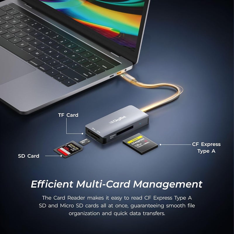 Digitek ® DCR-103 CFA 3 في 1 قارئ بطاقات CF Express نوع A/SD و TF نوع C USB 3.2، يدعم SD/SDHC/SDXC/UHS-I/RS-MMC، يدعم Mac OS و iPad OS و Windows و Android و Linux و Harmony، نقل بيانات ثنائي الاتجاه - Image 3