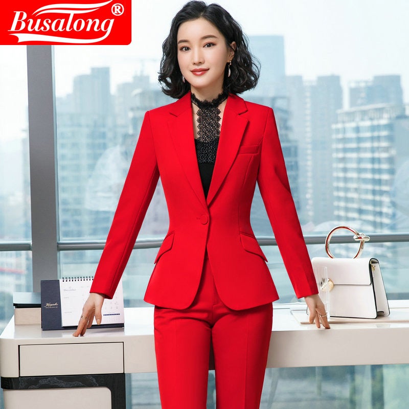 busalong Womens Long-sleeved Professional Suit Pants Dress Suit Overalls Womens Coat 9907 Red coat
