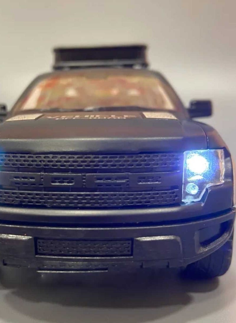 داي كاست نموذج سيارة فورد رابتور F150 شاحنة من سبائك معدنية مصبوبة بمقياس 1/32 مع صوت وإضاءة وأبواب مفتوحة وسحب للخلف (أسود، بدون صندوق) - Image 5