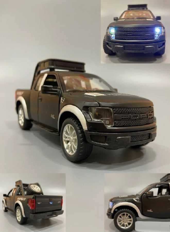 داي كاست نموذج سيارة فورد رابتور F150 شاحنة من سبائك معدنية مصبوبة بمقياس 1/32 مع صوت وإضاءة وأبواب مفتوحة وسحب للخلف (أسود، بدون صندوق) - Image 1