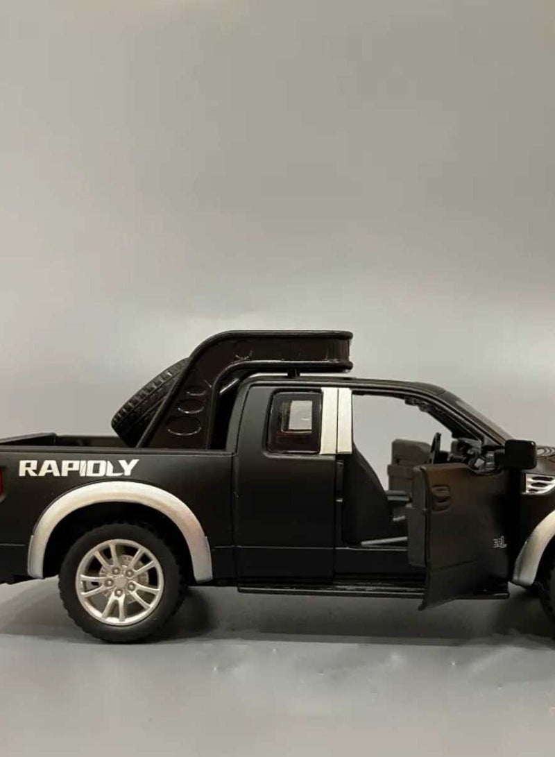داي كاست نموذج سيارة فورد رابتور F150 شاحنة من سبائك معدنية مصبوبة بمقياس 1/32 مع صوت وإضاءة وأبواب مفتوحة وسحب للخلف (أسود، بدون صندوق) - Image 4