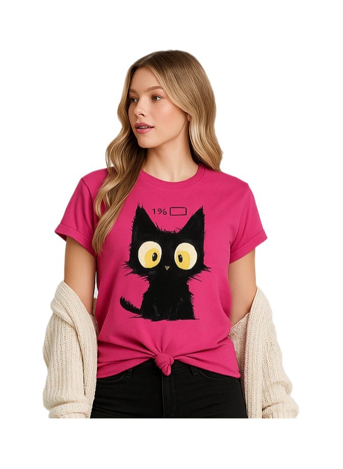 Shein INAWLY Women's Black Cat Print Fuchsia Round Neck Short T-Shirt  - Image 1