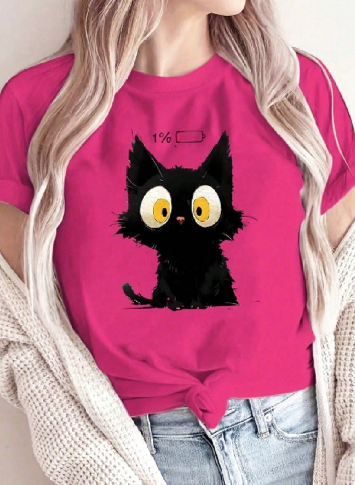 Shein INAWLY Women's Black Cat Print Fuchsia Round Neck Short T-Shirt  - Image 2