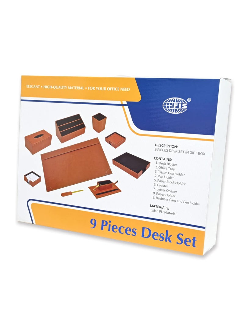 FIS - FIS 9 Pieces Executive Desk Set Italian PU, Brown Color - FSDS172BR - Image 1