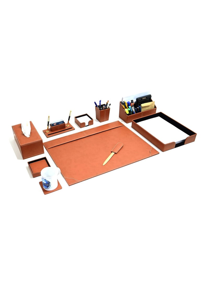 FIS - FIS 9 Pieces Executive Desk Set Italian PU, Brown Color - FSDS172BR - Image 1