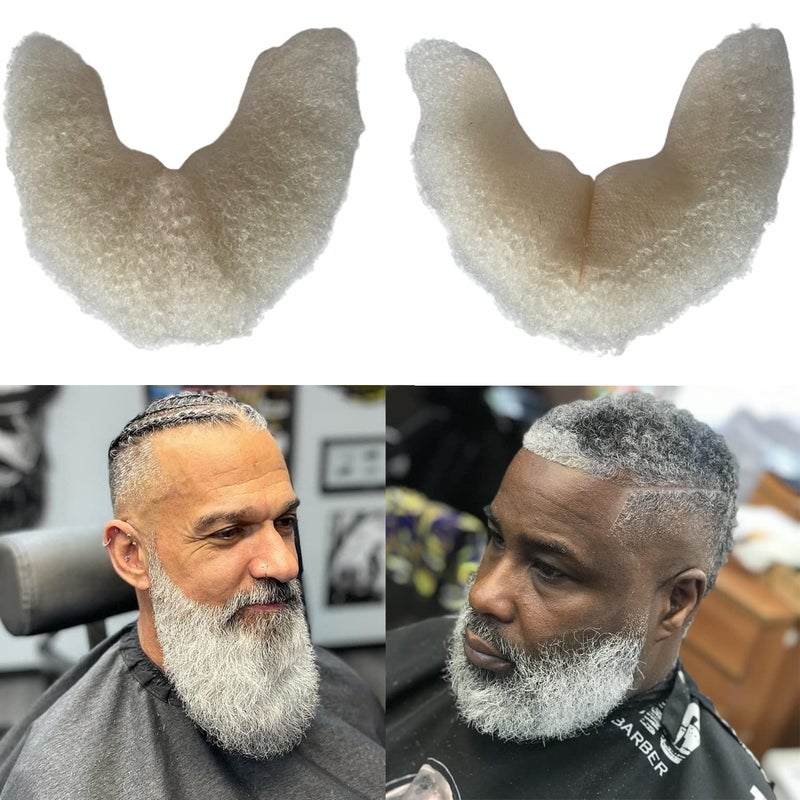 Human Hair Afro Curl Face Beard Mustache for American Black Men Realistic Makeup Lace Base Replace System 12 * 3Inch (White Color)