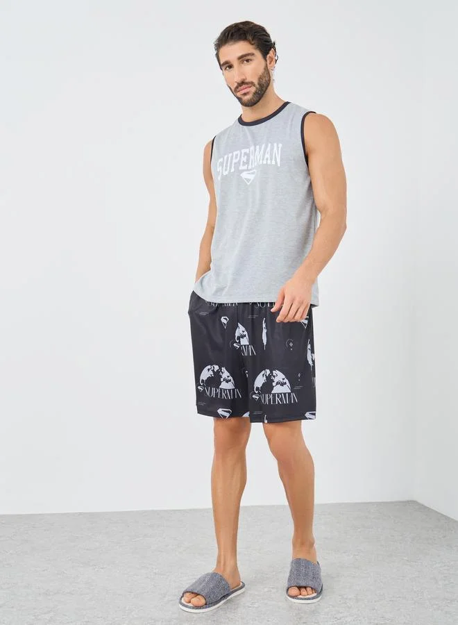 ستايلي Styli Superman Slogan Print Tank and Shorts Set