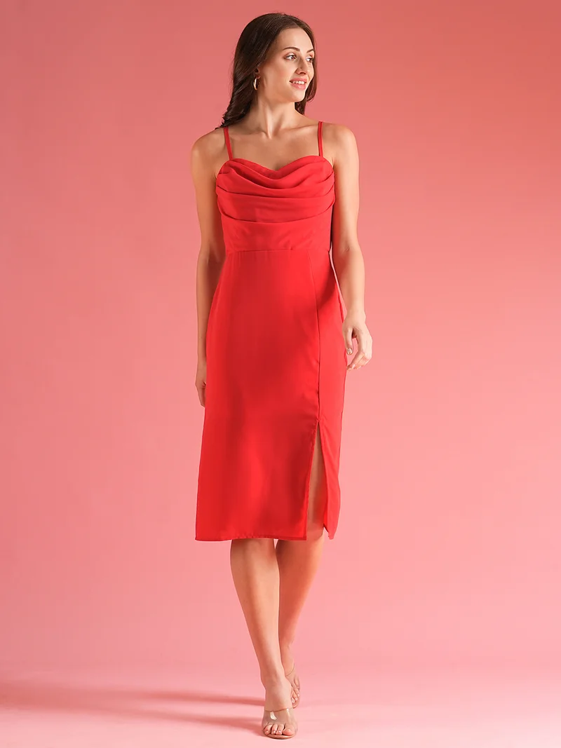 جلو باص فستان ميدي ضيق بياقة هالتر وحمالات وفتحة أمامية من جلوبس للنساء