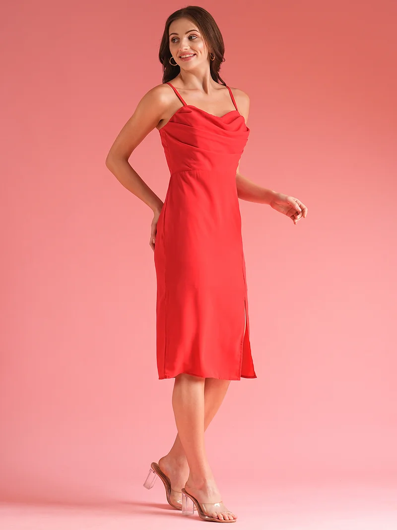 جلو باص فستان ميدي ضيق بياقة هالتر وحمالات وفتحة أمامية من جلوبس للنساء