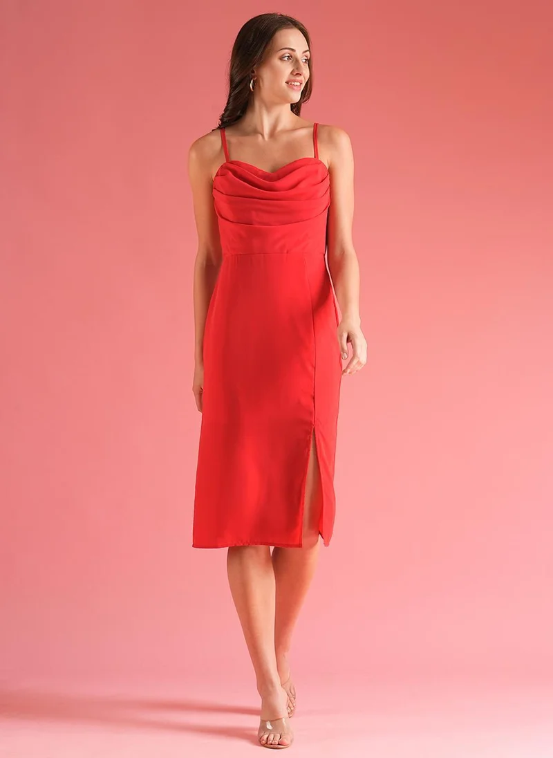 globus Globus Women Sweetheart Cowl Neck Strappy Shoulder Front Slit Midi Sheath Party Dress